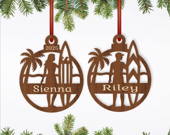 Surfers Christmas Ornament SVG Laser Cut personalized surfing decoration (Digital Download)
