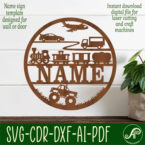 Plane, train and automobile name sign, SVG, transport themed door or wall hanger, Laser cut template, instant download Vector  Ai, Cdr, Dxf