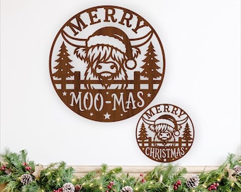 Weihnachtsschilder mit Hochlandrindern (SVG-Bundle). Fröhliche Weihnachten! (Laserschneiddateien)