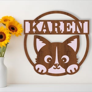 Naambord kat, SVG, deur- of muurhanger kinderkamerthema, lasergesneden sjabloon, instant download Vectorbestand Ai, Cdr, Dxf