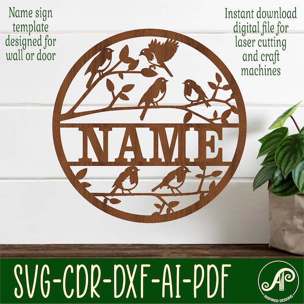 Bird name sign, SVG, nature, animal themed door or wall hanger, Laser cut template, instant download Vector file Ai, Cdr, Dxf