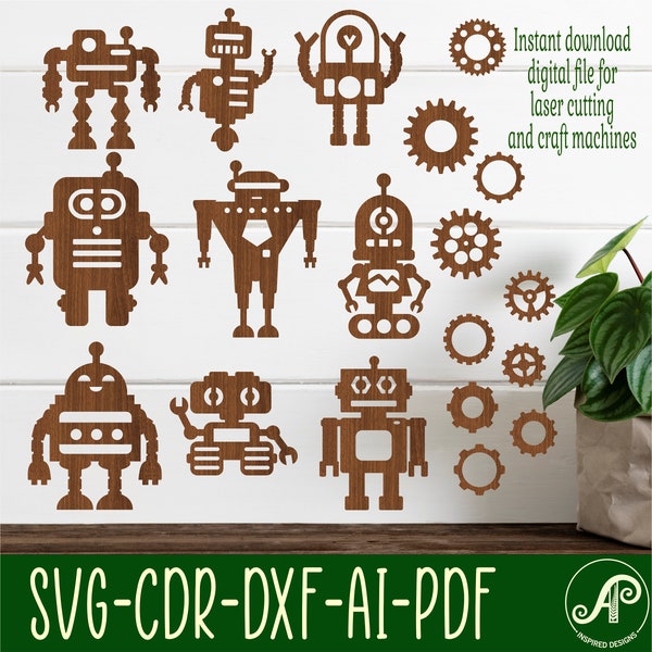 Robot SVG bundle. 9 designs, Vector files, laser cut file, shapes. Ai, Cdr, Dxf instant download digital file