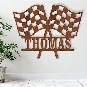 Checkered Flaggen Namensschild, Laser geschnitten SVG-Datei, Rennsport Thema Wohnkultur Zeichen, sofortiger Download Vektor Vorlage Ai, Cdr, Dxf