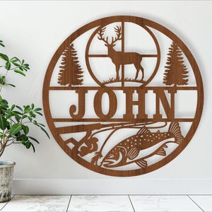 Placa de nome de caça e pesca, SVG, porta com tema de natureza ou cabide de parede, modelo de corte a laser, download instantâneo Arquivo vetorial Ai, Cdr, Dxf
