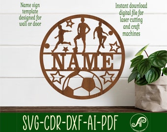 Soccer/Football male name sign, SVG, sports themed door or wall hanger, Laser cut template, instant download Vector file Ai, Cdr, Dxf