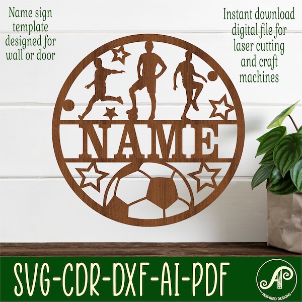 Soccer/Football male name sign, SVG, sports themed door or wall hanger, Laser cut template, instant download Vector file Ai, Cdr, Dxf