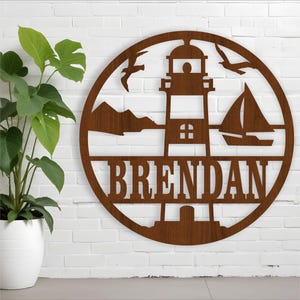 Signo de nombre del faro, SVG, puerta temática náutica o colgador de pared, plantilla de corte láser, descarga instantánea de archivo vectorial Ai, Cdr, Dxf