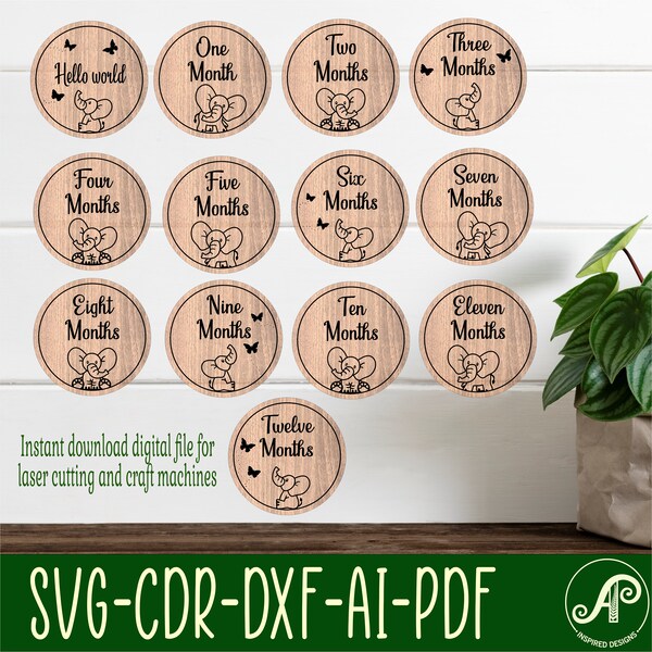 Baby monthly milestone discs elephant theme SVG, nursery themed bundle, Laser cut template, instant download Ai, Cdr, PDF