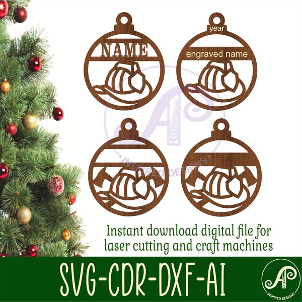Fire fighter Christmas Ornaments SVG laser cut, instant download Pdf, Dxf, Ai and Cdr template.