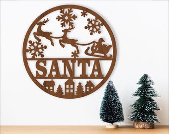 Santa Sleigh Name Sign SVG: Christmas wall sign laser cut Template (Digital Download)