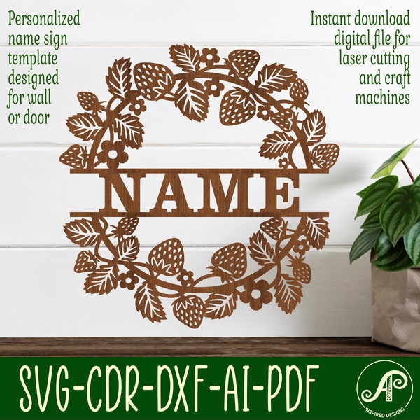 Strawberry wreath name sign SVG laser cut template, door or wall hanger, vector file ai, cdr, dxf pdf instant download two options