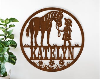 Cowgirl and horse Name Sign: Laser cut Horse rider personalized decor (Digital Download)