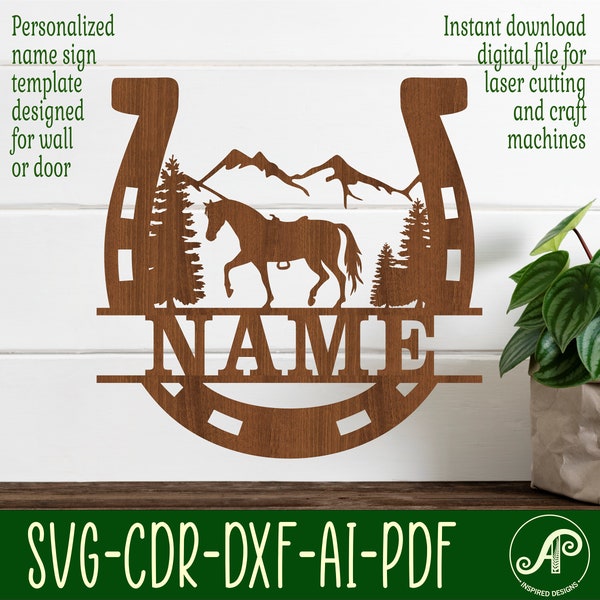 Horse shoe Name sign SVG laser cut template, door or wall hanger, vector file ai, cdr, dxf pdf instant download