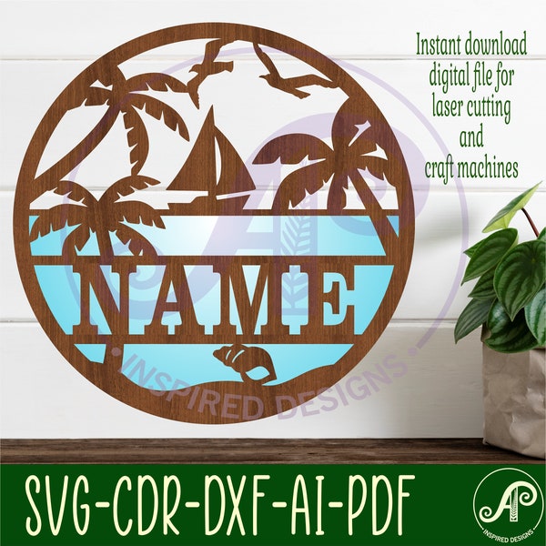 Beach with sailing boat name sign, SVG, personalized wall art, Laser cut template, instant download Vector file Ai, Cdr, Dxf