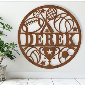 Placa de nome esportivo, SVG, cabide de porta ou parede com tema fitness, modelo cortado a laser, download instantâneo Arquivo vetorial Ai, Cdr, Dxf