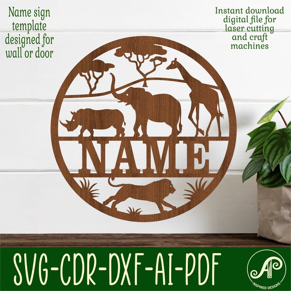 Safari name sign, SVG, animal themed door or wall hanger, Laser cut template, instant download Vector file Ai, Cdr, Dxf