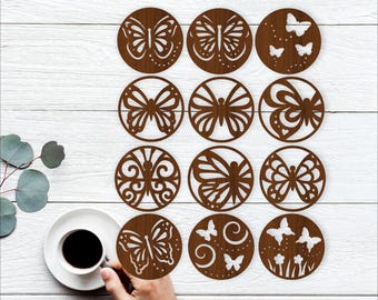 Butterfly Coaster Set SVG Bundle | Garden Butterflies theme Laser Cut circle Files (digital download)