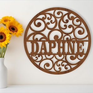 Spiraal, swirl naambordje, SVG, patroon thema deur- of muurhanger, lasergesneden sjabloon, instant download vectorbestand Ai, Cdr, Dxf
