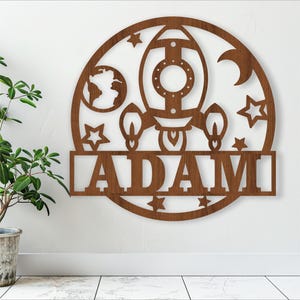 Naambord raket, SVG, ruimte kinderkamer decor kunst aan de muur, lasergesneden sjabloon, instant download vectorbestand Ai, Cdr, Dxf