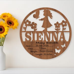Estadísticas de bebé niña, placa de nacimiento, plantilla de letrero con nombre de bebé recién nacido SVG, plantilla cortada con láser, descarga instantánea Ai, Cdr, Dxf