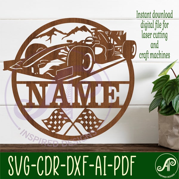 Race car name sign, SVG, vehicle themed door or wall hanger, Laser cut template, instant download Vector file Ai, Cdr, Dxf