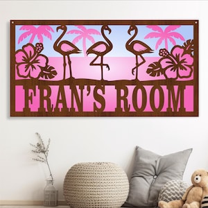 Signe de nom de couche de scène de flamant 3 SVG, art mural, modèle découpé au laser, fichier vectoriel de téléchargement immédiat Ai, Cdr, Dxf