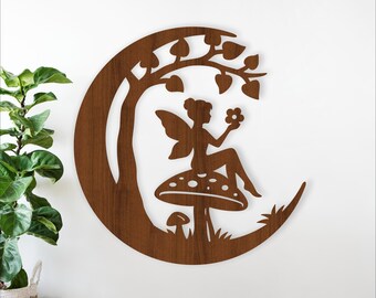 Fairy Moon Wall Art SVG - Fairy Mushroom Laser Cut Woodland Nursery Decor (Digital Download)