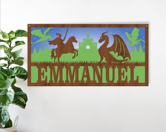 Dragon and knight scene layer name sign SVG, Fantasy décor themed wall art, Laser cut template, instant download Vector file Ai, Cdr, Dxf