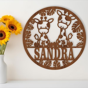 Targa con nome giraffa, file SVG tagliato al laser, porta o appendino a tema animale, download immediato Modello vettoriale Ai, Cdr, Dxf