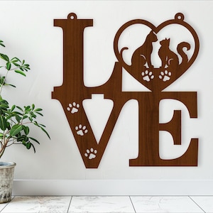 Cartello da parete con scritta Love with cats, file SVG. File vettoriale ai, cdr, dxf download immediato design digitale, taglio laser, arte murale per animali domestici