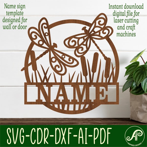 Dragonfly name sign, SVG, nature themed door or wall hanger, Laser cut template, instant download Vector file Ai, Cdr, Dxf