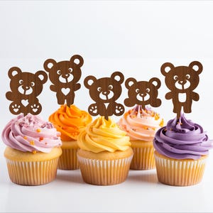 Décorations de cupcakes ours en peluche, 5 modèles de découpe laser SVG, téléchargement immédiat modèle Pdf, Dxf, Ai et Cdr.