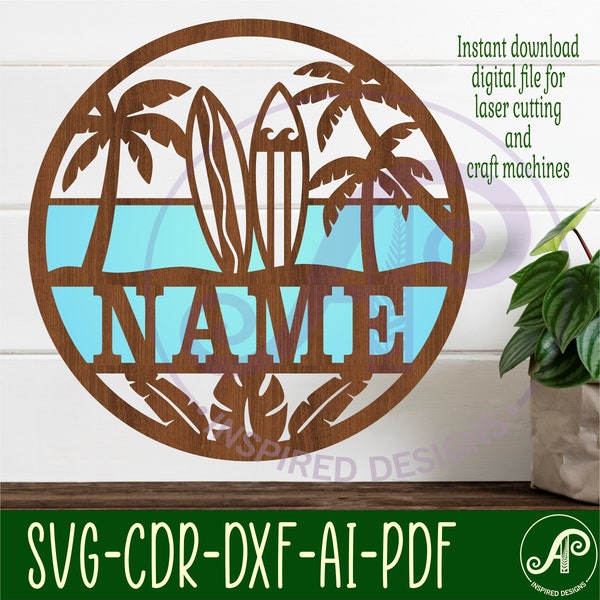 Surfers beach name sign, SVG, personalized wall art, Laser cut template, instant download Vector file Ai, Cdr, Dxf