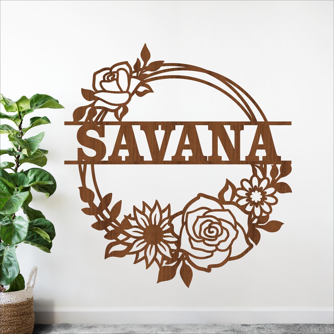 Floral Wreath Name Sign SVG - Flower Laser Cut Personalized Sign ...