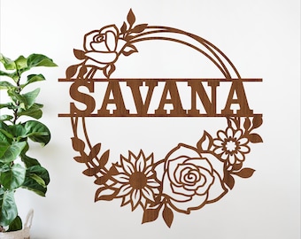 Floral Wreath Name Sign SVG - flower Laser Cut personalized sign (Digital Download)