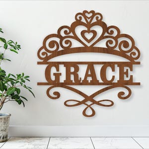 Prinzessin Krone Namensschild SVG Laser geschnitten Vorlage, Tür- oder Wandhänger ai, cdr, dxf pdf sofort download, Tiara Monogramm