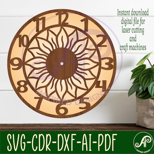 Sunflower wall clock laser cut files, SVG file. vector file ai, cdr, dxf instant download digital design, cut file template