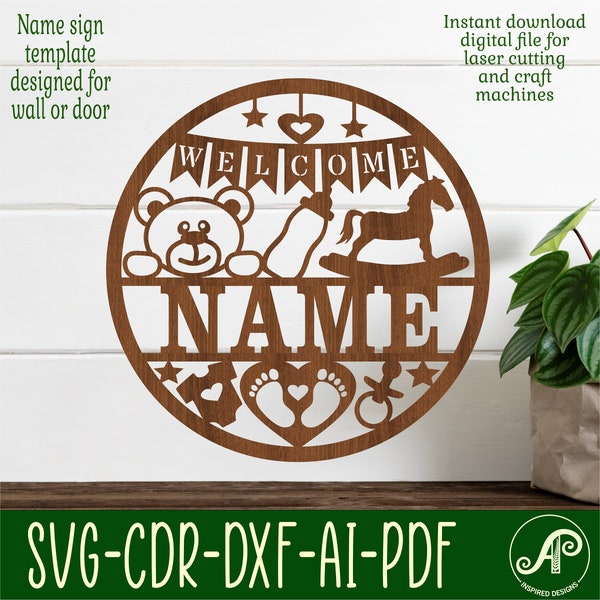 New Baby name sign, SVG, Nursery themed door or wall hanger, Laser cut template, instant download Vector file Ai, Cdr, Dxf