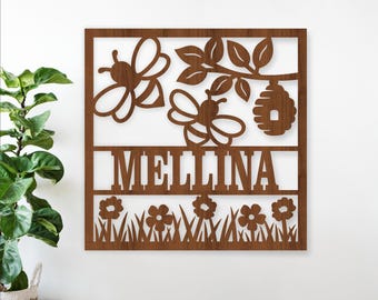 Bees and Flower Name Sign: Laser Cut SVG File (Digital Download) Garden Wall Art