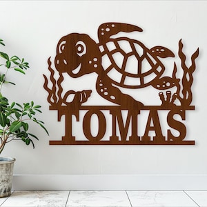 Schildkröte Namen Zeichen svg laser cut vorlage, Tür- oder Wandhänger, svg, ai, cdr, dxf pdf sofort download, Ocean Namensschild