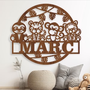 Placa de nome de animais fofos da selva, SVG, porta com tema de animal ou cabide de parede, modelo de corte a laser, download instantâneo Arquivo vetorial Ai, Cdr, Dxf