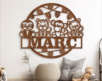 Jungle Animals Name Sign: Laser Cut wall sign Template (Digital Download)