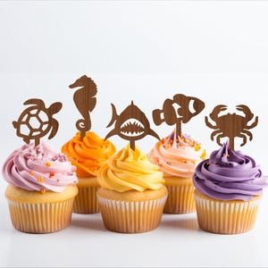 Ocean Cupcake Toppers, 6 Designs SVG Laserschnitt, sofortiger Download Pdf, Dxf, Ai und Cdr Vorlage.