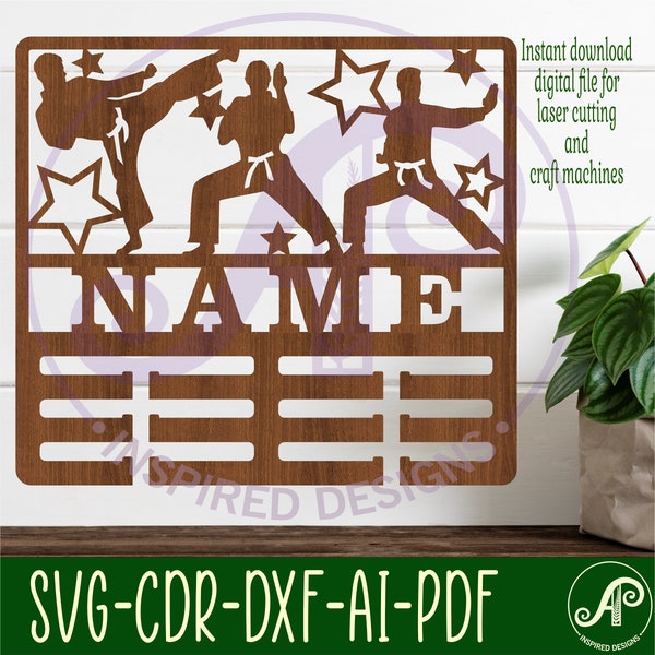 Martial arts male medal holder, SVG, sports themed door or wall hanger, Laser cut template, instant download Vector file Ai, Cdr, Dxf