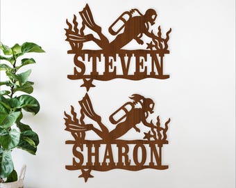 Scuba Diver Name Sign SVG Personalized Ocean Diving Wall Art Bundle (Digital Download)
