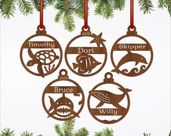 Ocean animals Christmas Ornaments: Laser Cut SVG personalized underwater decorations (Digital Download)