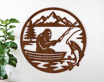 Bigfoot Fishing Wall sign SVG - Sasquatch in Boat Catching Trout Laser Cut  (Digital download)