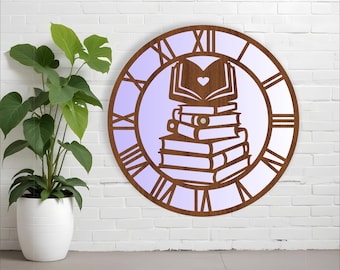 Book lovers wall clock laser cut files, SVG file. vector file ai, cdr, dxf instant download digital design, cut file template