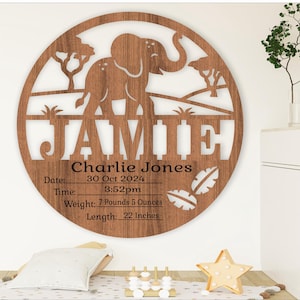 Niedliche Elefant Baby Zahlen, Geburtsplakette, Neugeborenen Baby Namensschild SVG, Laser geschnitten Vorlage, sofortiger Download Ai, Cdr, Dxf