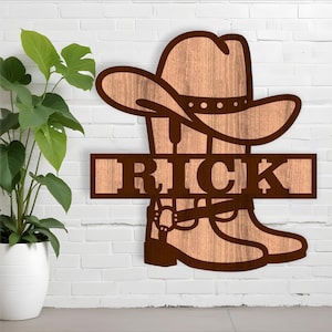 Chapeau de cowboy et botte Nom signe SVG modèle découpé au laser, porte ou suspension murale, fichier vectoriel ai, cdr, dxf pdf téléchargement immédiat